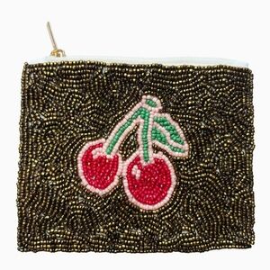 #92551 Trendy Chic Fabulous CHERRIES Beaded Coin Or Lipstick Purse Pouch